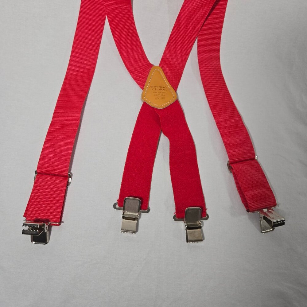 USA Vintage 70's Red CANVAS Straps TOP-GRAIN Leather CLIPS 46" X 2" Suspenders. - Picture 8 of 17